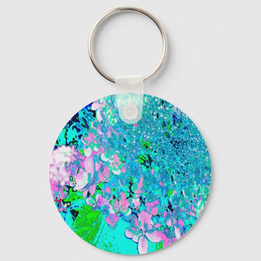 Elegant roze en blauwe grens Hydrangea Sleutelhanger (Voorkant)
