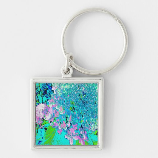 Elegant roze en blauwe grens Hydrangea Sleutelhanger (Voorkant)