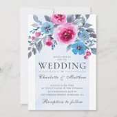 Elegant roze en blauwe Waterverf Floral Wedding Kaart (Voorkant)