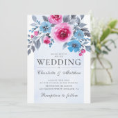 Elegant roze en blauwe Waterverf Floral Wedding Kaart (Staand voorkant)