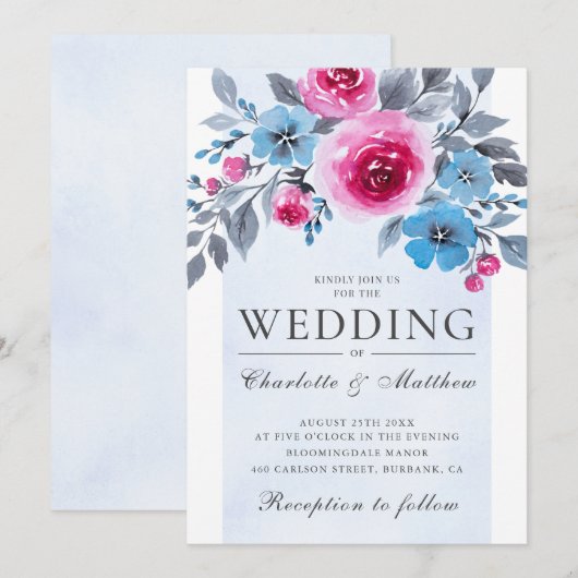 Elegant roze en blauwe Waterverf Floral Wedding Kaart (Voorkant / Achterkant)