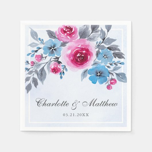 Elegant roze en blauwe Waterverf Floral Wedding Servet (Voorkant)