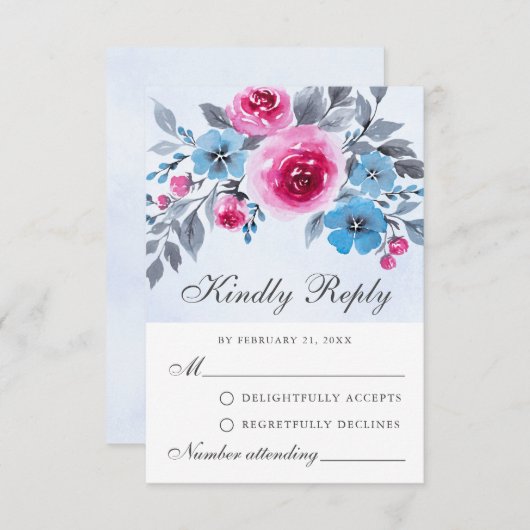 Elegant roze en blauwe Waterverf RSVP-kaart Advieskaart (Voorkant / Achterkant)