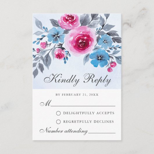 Elegant roze en blauwe Waterverf RSVP-kaart Advieskaart (Voorkant)