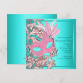 Elegant Roze en Blauwgroen Blauw Masquerade Party Kaart (Voorkant / Achterkant)