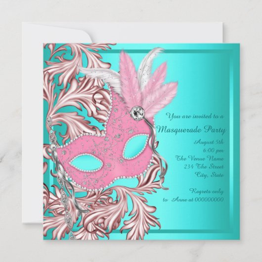 Elegant Roze en Blauwgroen Blauw Masquerade Party Kaart (Voorkant)