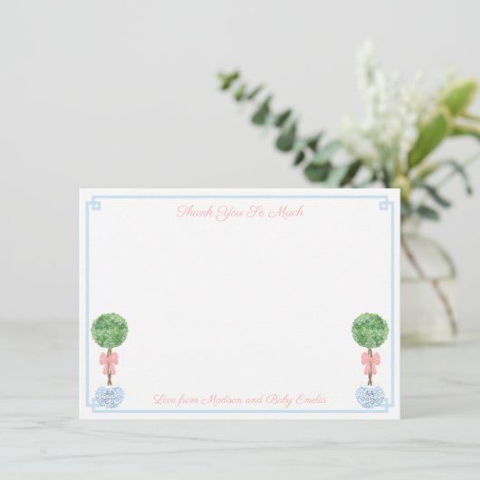 Elegant roze en Blue Boxwood Baby shower Afbeeldin Bedankkaart (Staand voorkant)