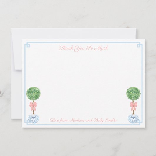 Elegant roze en Blue Boxwood Baby shower Afbeeldin Bedankkaart (Voorkant)