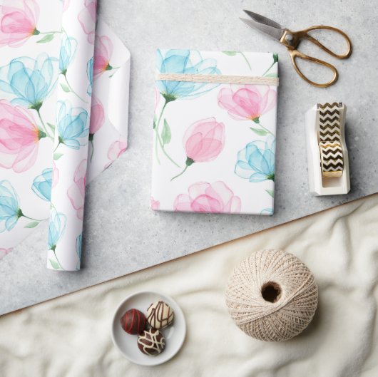 Elegant roze en Blue Floral Pattern Cadeaupapier (Crafts)