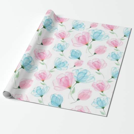 Elegant roze en Blue Floral Pattern Cadeaupapier (Uitgerold)