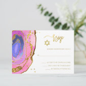Elegant roze en Blue Geode met Gold Bat Mitzvah RSVP Kaartje (Staand voorkant)