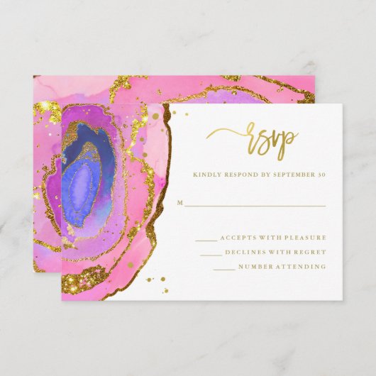 Elegant roze en Blue Geode met goud | Weddenschap RSVP Kaartje (Voorkant / Achterkant)