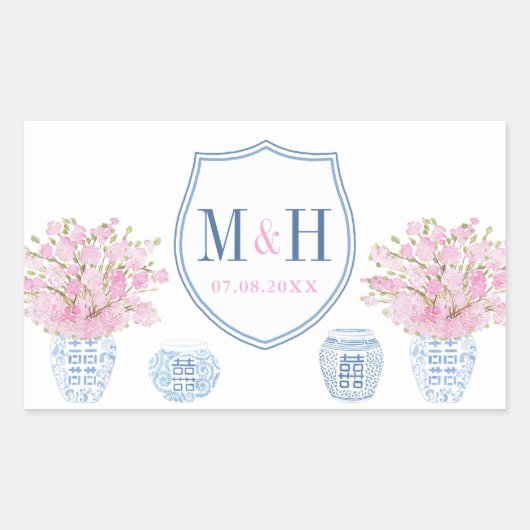 Elegant roze en Blue Wedding Monogram Logo voor de Rechthoekige Sticker (Voorkant)