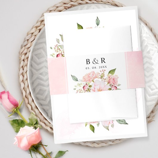 Elegant Roze en Blush Bloemen, Waterverf Bruiloft Uitnodigingen Wikkel