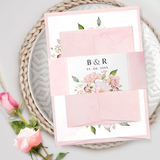 Elegant Roze en Blush Bloemen, Waterverf Bruiloft Uitnodigingen Wikkel