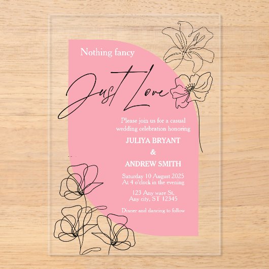 Elegant roze en crème script Trouwen Acryl Uitnodigingen (Voorkant)