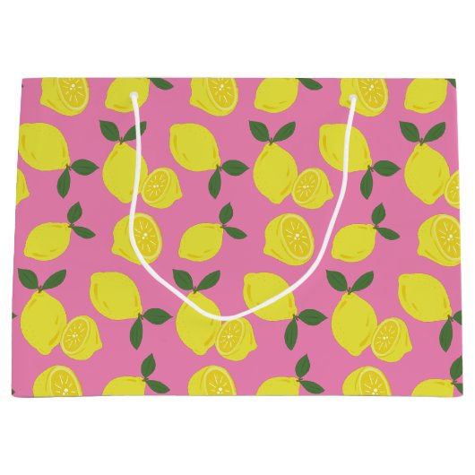 Elegant roze en geel lemonpatroon groot cadeauzakje (Voorkant)