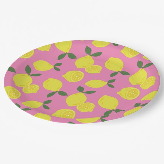 Elegant roze en geel lemonpatroon papieren bordje (Gekanteld)