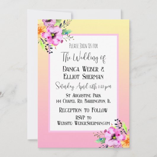 Elegant Roze en Geel Petunia Bloemenbruiloft Kaart (Voorkant)