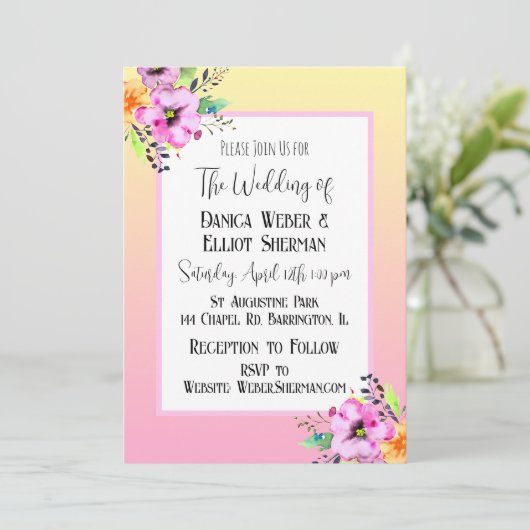 Elegant Roze en Geel Petunia Bloemenbruiloft Kaart (Staand voorkant)