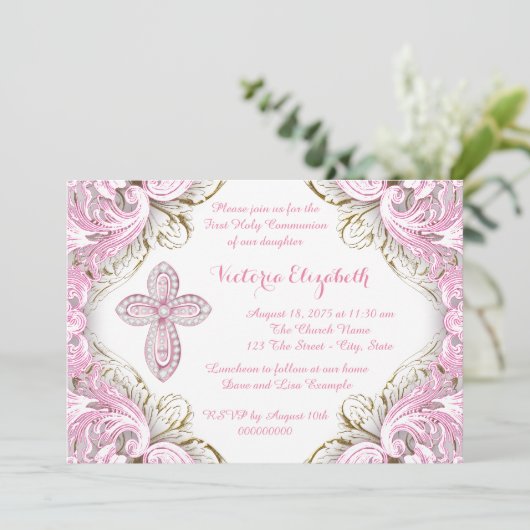 Elegant roze en Gold Cross First Community Kaart (Staand voorkant)