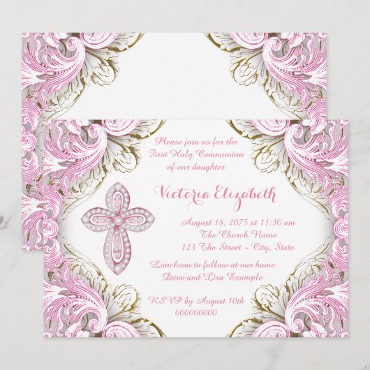 Elegant roze en Gold Cross First Community Kaart (Voorkant / Achterkant)