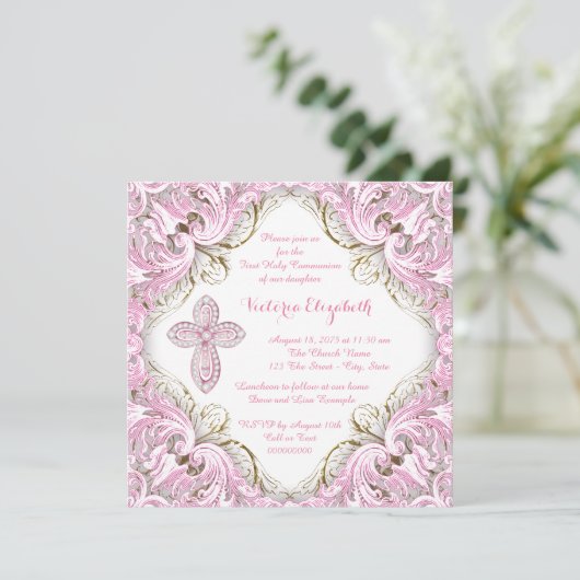 Elegant roze en Gold Cross First Community Kaart (Staand voorkant)