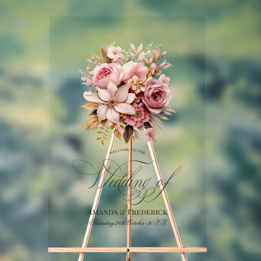 Elegant Roze en Goud Bloemen Bruiloft Welkom Acryl Bord (Neutraal)