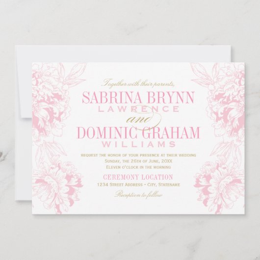 Elegant Roze en Goud Bloemen Pioen Bruiloft Kaart (Voorkant)