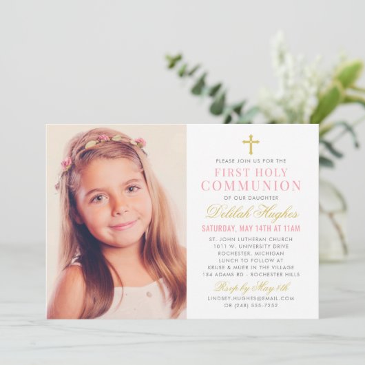 Elegant Roze en Goud Eerste Communie Meisje Foto Kaart (Staand voorkant)
