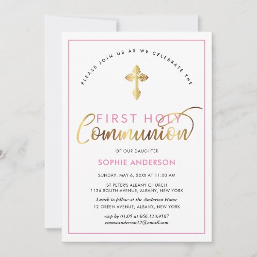 Elegant roze en goud eerste Heilige Communie Kaart (Voorkant)