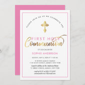 Elegant roze en goud eerste Heilige Communie Kaart (Voorkant / Achterkant)