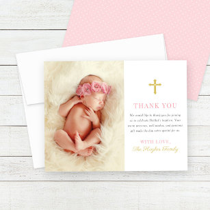Elegant Roze en Gouden Baby Meisje Foto Dopen Bedankkaart