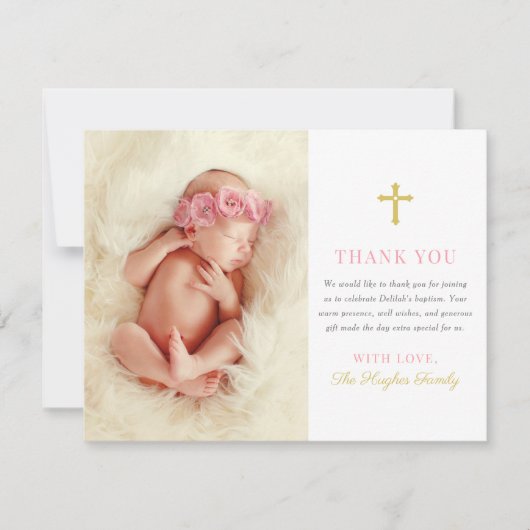 Elegant Roze en Gouden Baby Meisje Foto Dopen Bedankkaart (Voorkant)