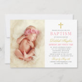 Elegant Roze en Gouden Baby Meisje Foto Dopen Kaart (Voorkant)