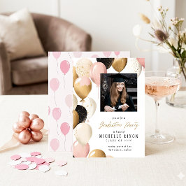 Elegant roze en gouden ballon afstudeerfeest kaart