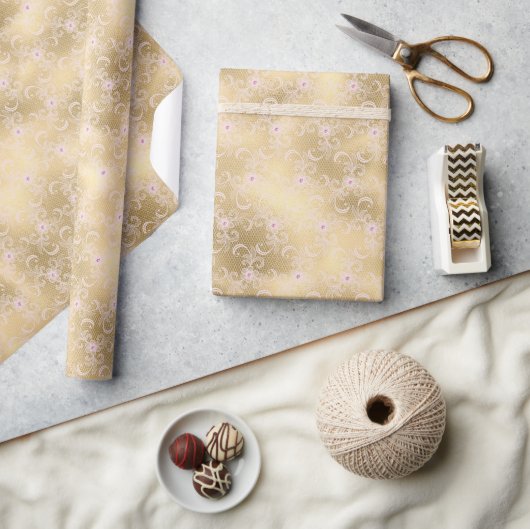 Elegant Roze en Gouden Bloemen Kant Cadeaupapier (Crafts)