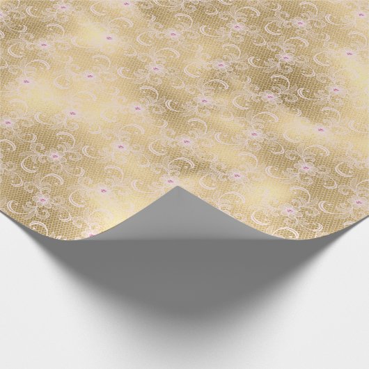 Elegant Roze en Gouden Bloemen Kant Cadeaupapier (Hoek)