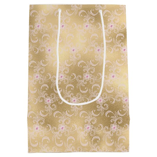 Elegant Roze en Gouden Bloemen Kant Medium Cadeauzakje (Achterkant)