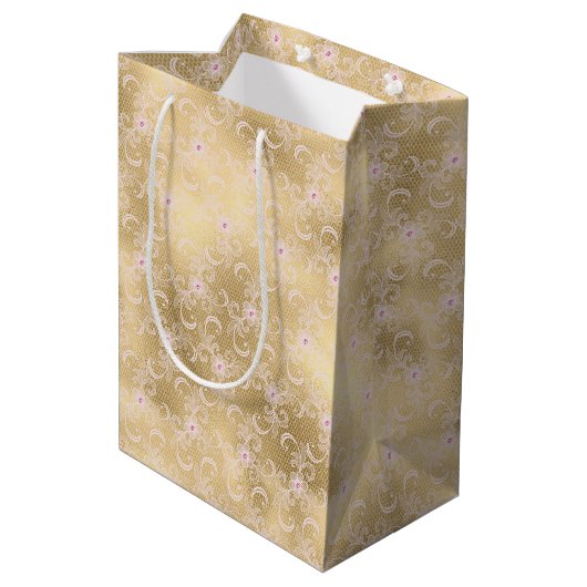 Elegant Roze en Gouden Bloemen Kant Medium Cadeauzakje (Achterkant Gekanteld)