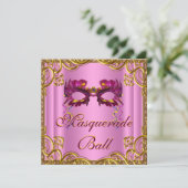 Elegant roze en gouden gemaskerd bal kaart (Staand voorkant)