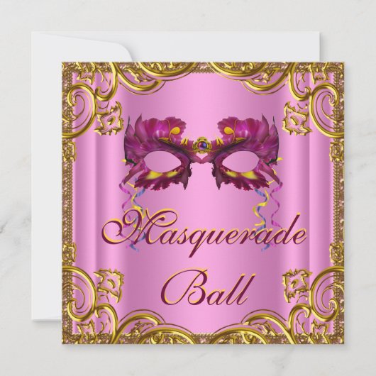 Elegant roze en gouden gemaskerd bal kaart (Voorkant)
