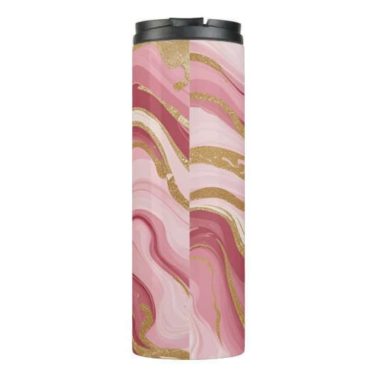 Elegant Roze en Gouden Marmer Thermosbeker (Achterkant)