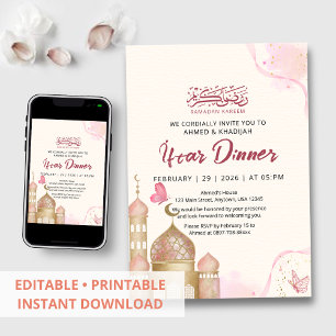 Elegant Roze en Gouden Ramadan Iftar-diner Kaart