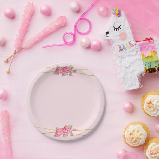 Elegant roze en gouden Rozen Baby shower Papieren Bordje (Feest)