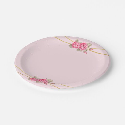 Elegant roze en gouden Rozen Baby shower Papieren Bordje (Gekanteld)