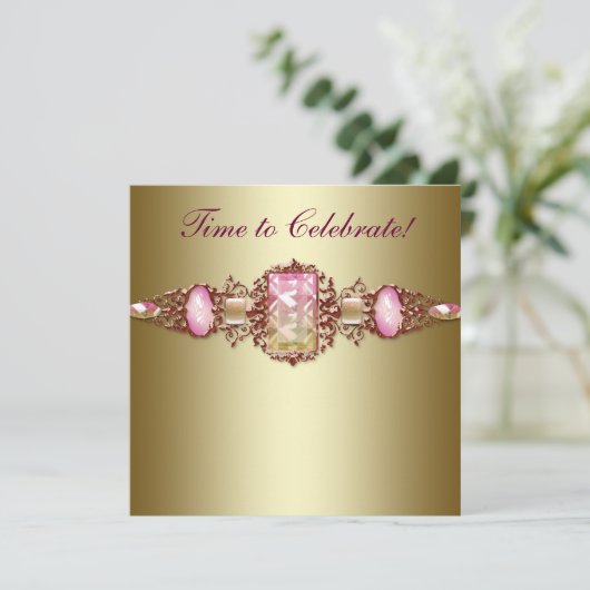 Elegant roze en gouden verjaardagsfeestje kaart (Staand voorkant)