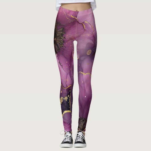 Elegant roze en gouden waterverf bloemontwerp leggings (Voorkant)