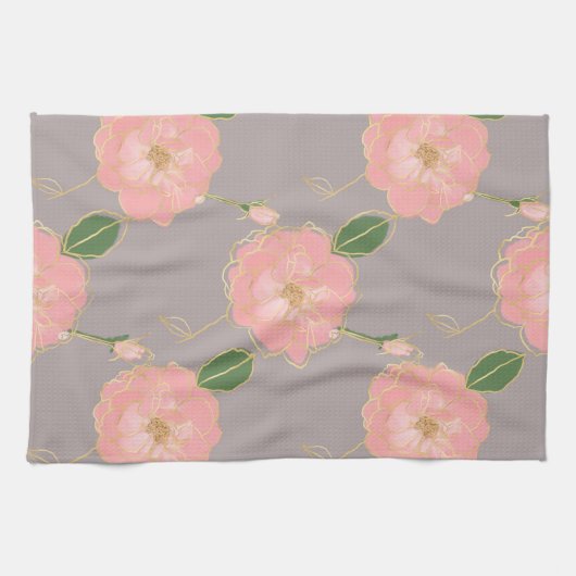 Elegant roze en gouden Waterverf Rozen grijs desig Theedoek (Horizontaal)