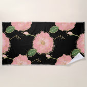 Elegant roze en gouden Waterverf Rozen - Zwart ont Strandlaken (Voorkant)